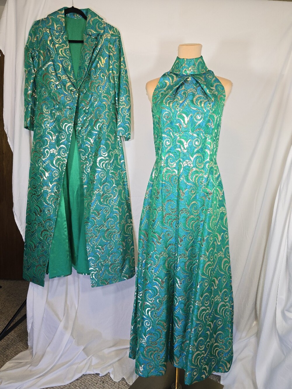 Vintage Teal and Green Metallic Brocade Halter Formal Dress with Matching Coat